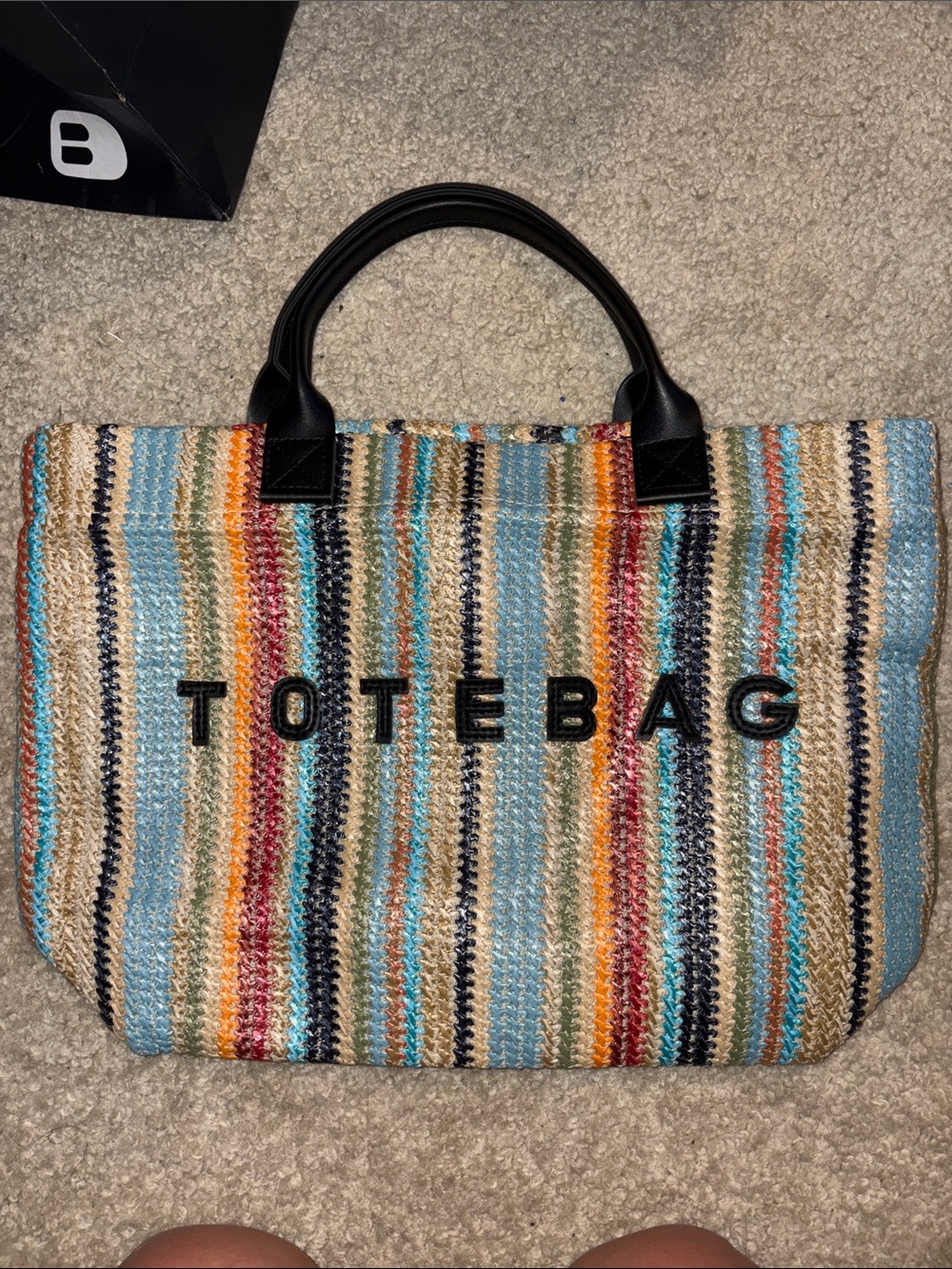 TOTE BAG Multicolor Striped Woven Tote with Black Handles